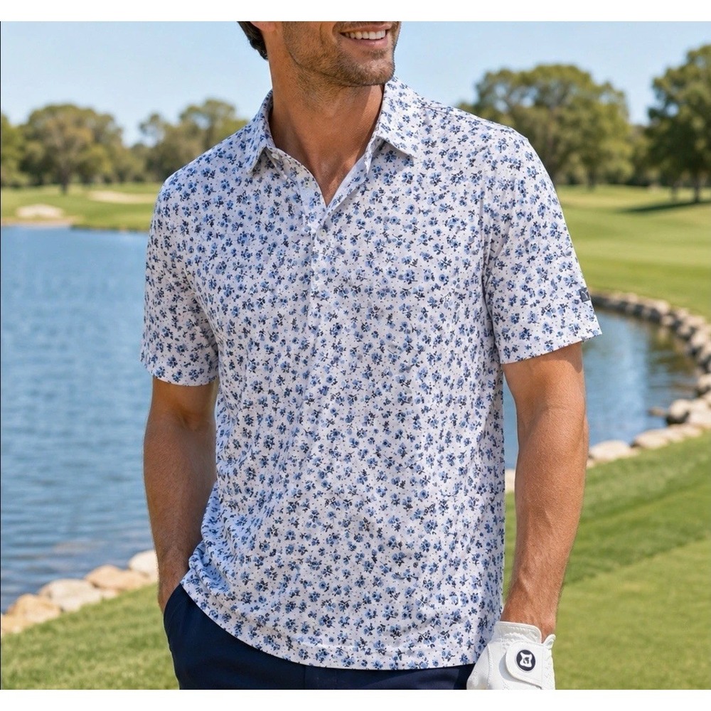 Yatta Golf Large  Mens Shirt Coastal Flower Performance Polo Golf Logo